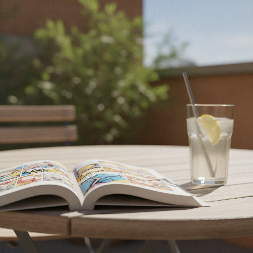 Une bande dessinee ouverte sur une table de terrasse ensoleillee en ete