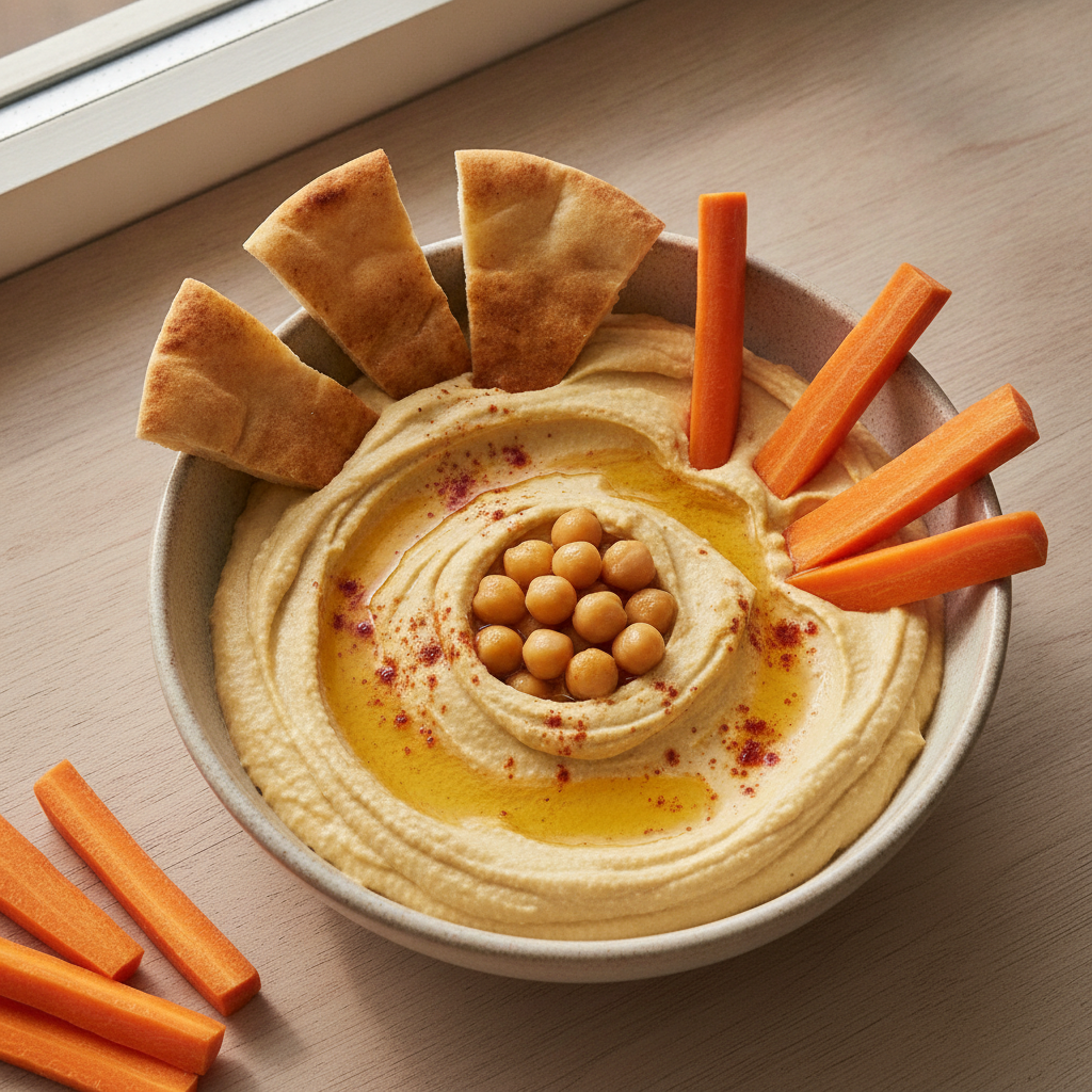 Bol de houmous maison crémeux avec filet d'huile d'olive, paprika, pois chiches, pain pita et bâtonnets de carotte