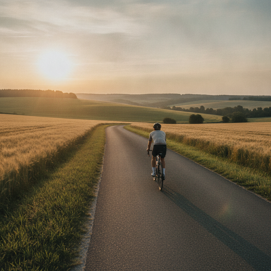Cycliste de loisir sur une petite route de campagne au lever du jour en été