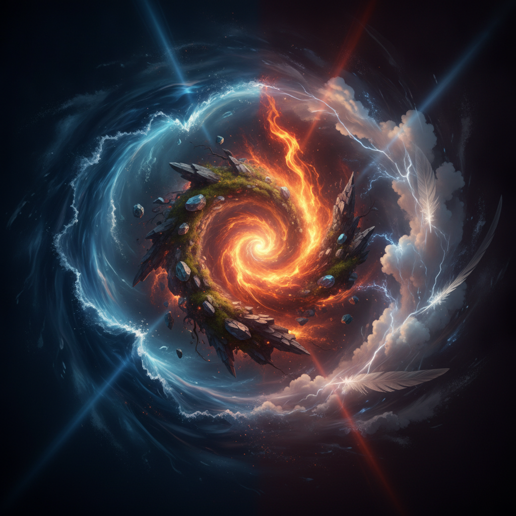 Composition abstraite evoquant les quatre elements eau terre feu et air