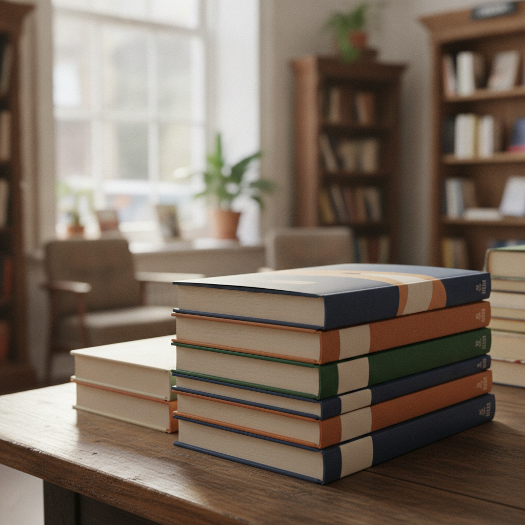 Pile de romans neufs sur une table dans une librairie lumineuse