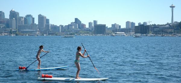 Deux personnes pratiquant le stand-up paddle sur un lac calme par une journée ensoleillee