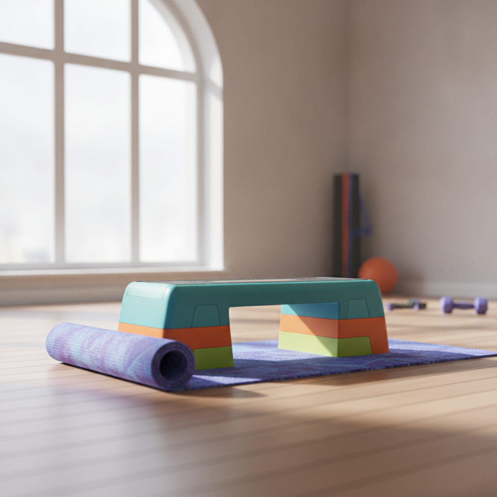 Une plateforme de step de fitness colorée posée sur un tapis dans une salle lumineuse