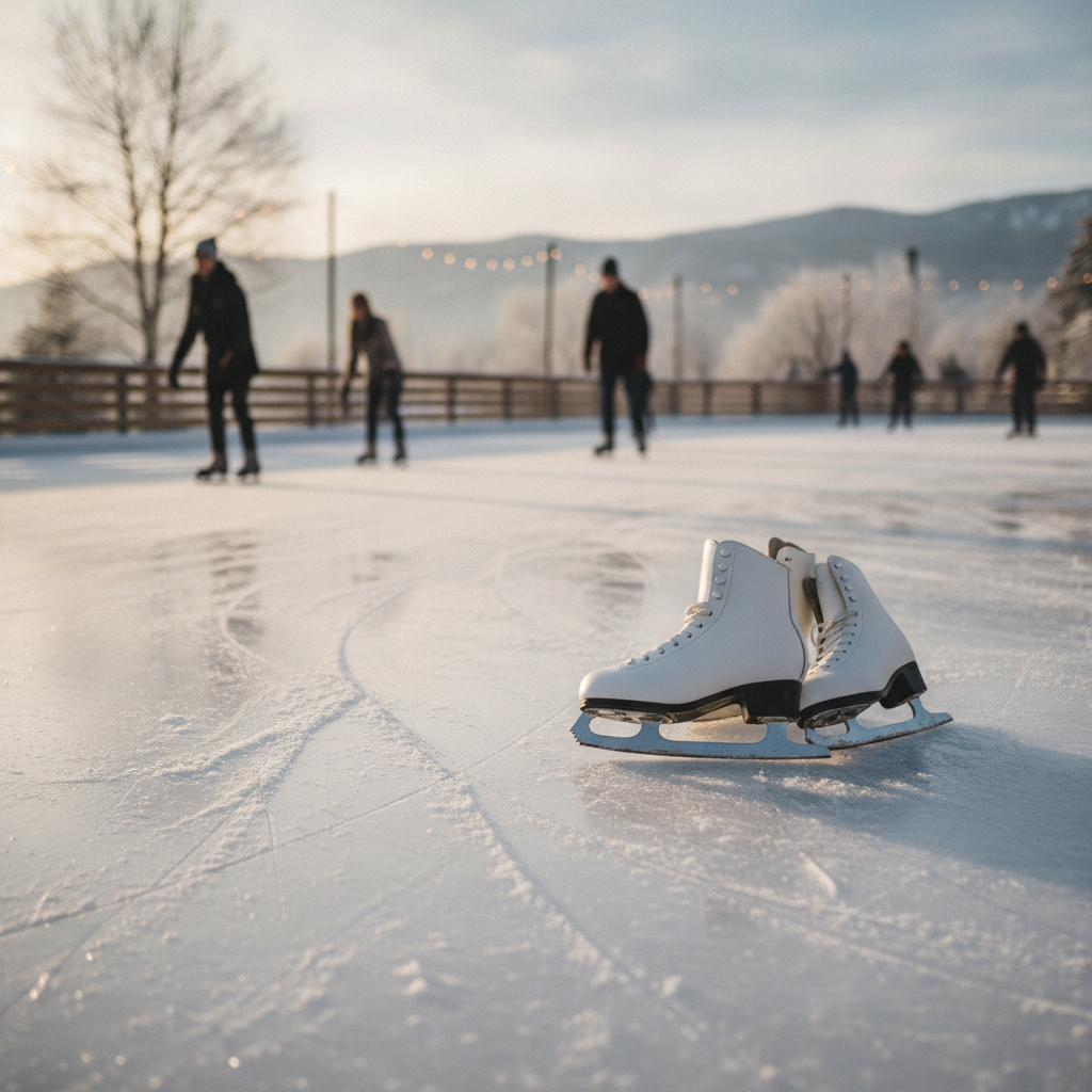 Une paire de patins à glace blancs posée sur la glace d'une patinoire extérieure, des patineurs en arrière-plan