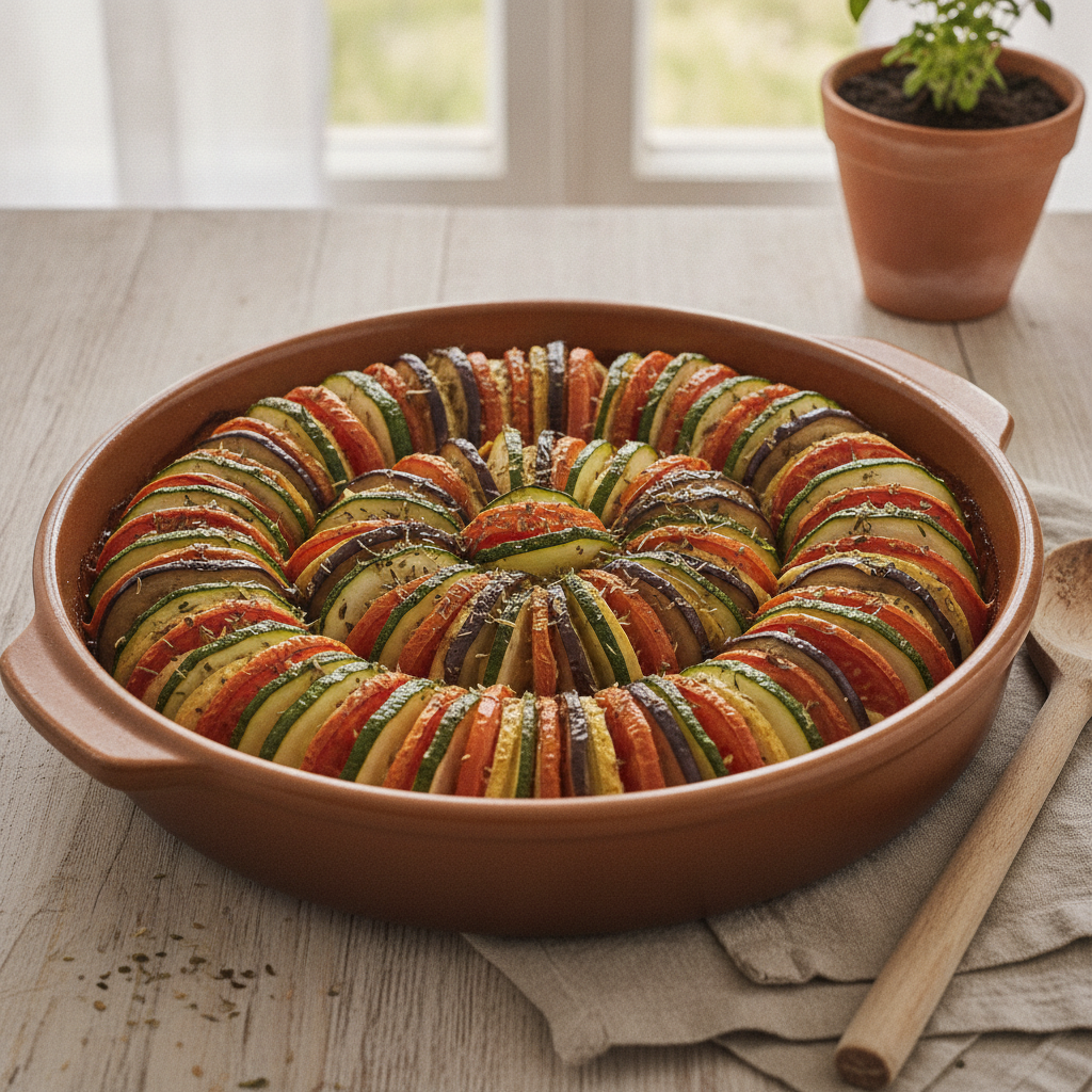 Tian provençal dans un plat en terre cuite, rondelles de courgette, tomate et aubergine disposées en cercles