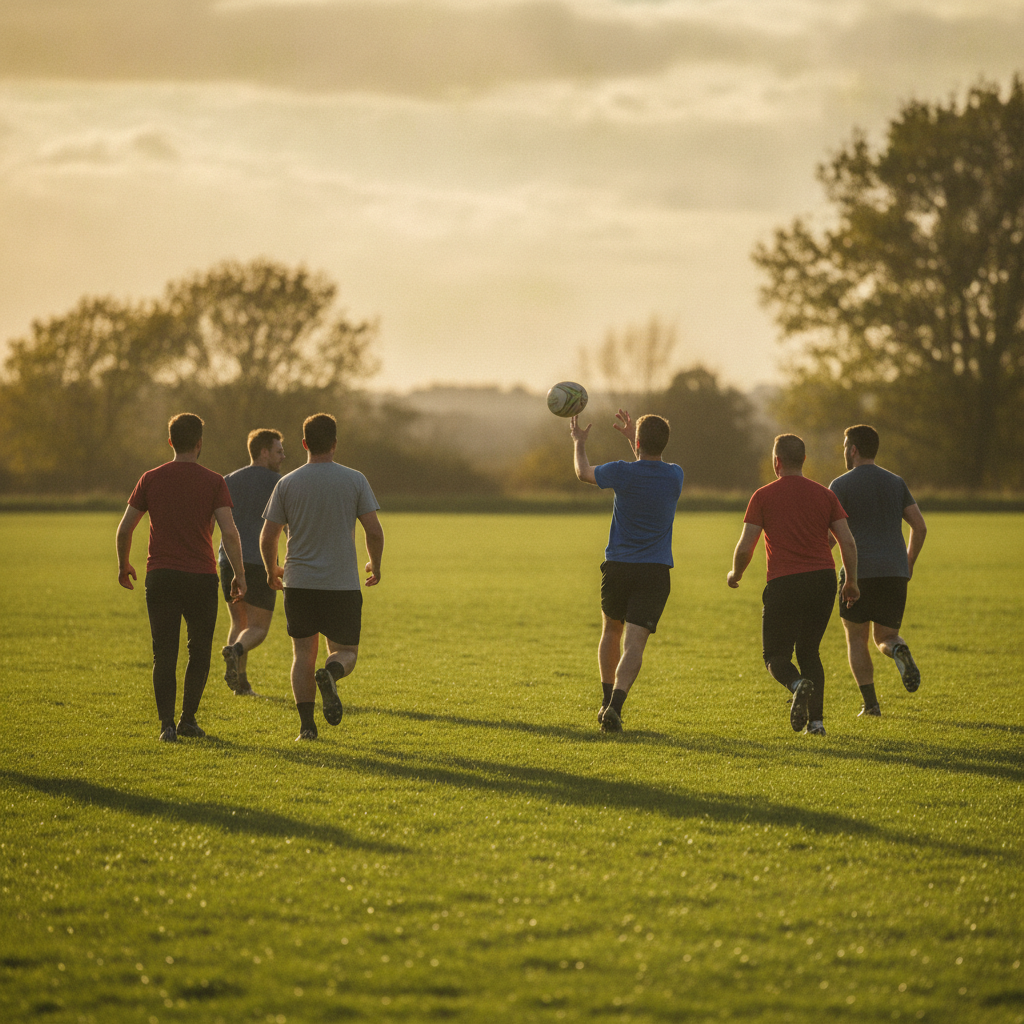 Joueurs amateurs en train de courir et de se faire une passe lors d'une partie de rugby à toucher sur une pelouse, en fin d'après-midi