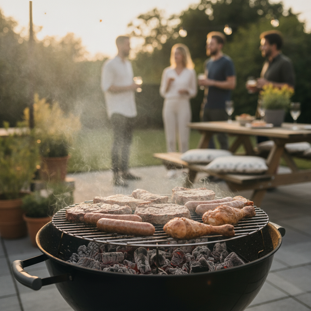Barbecue au charbon en extérieur l'été, viande grillant sur la grille au-dessus de braises grises