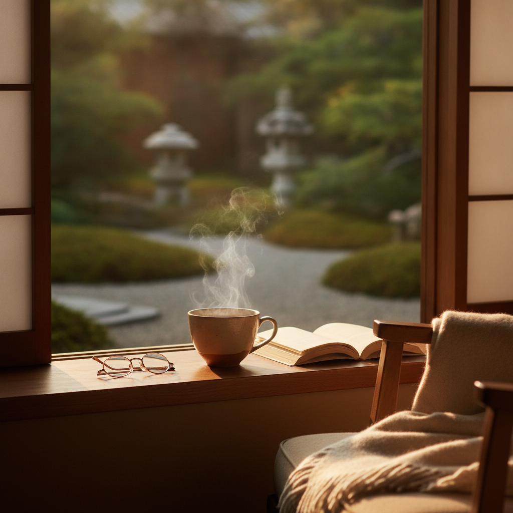 Tasse de the fumante pres d'une fenetre au lever du jour, jardin japonais en arriere-plan
