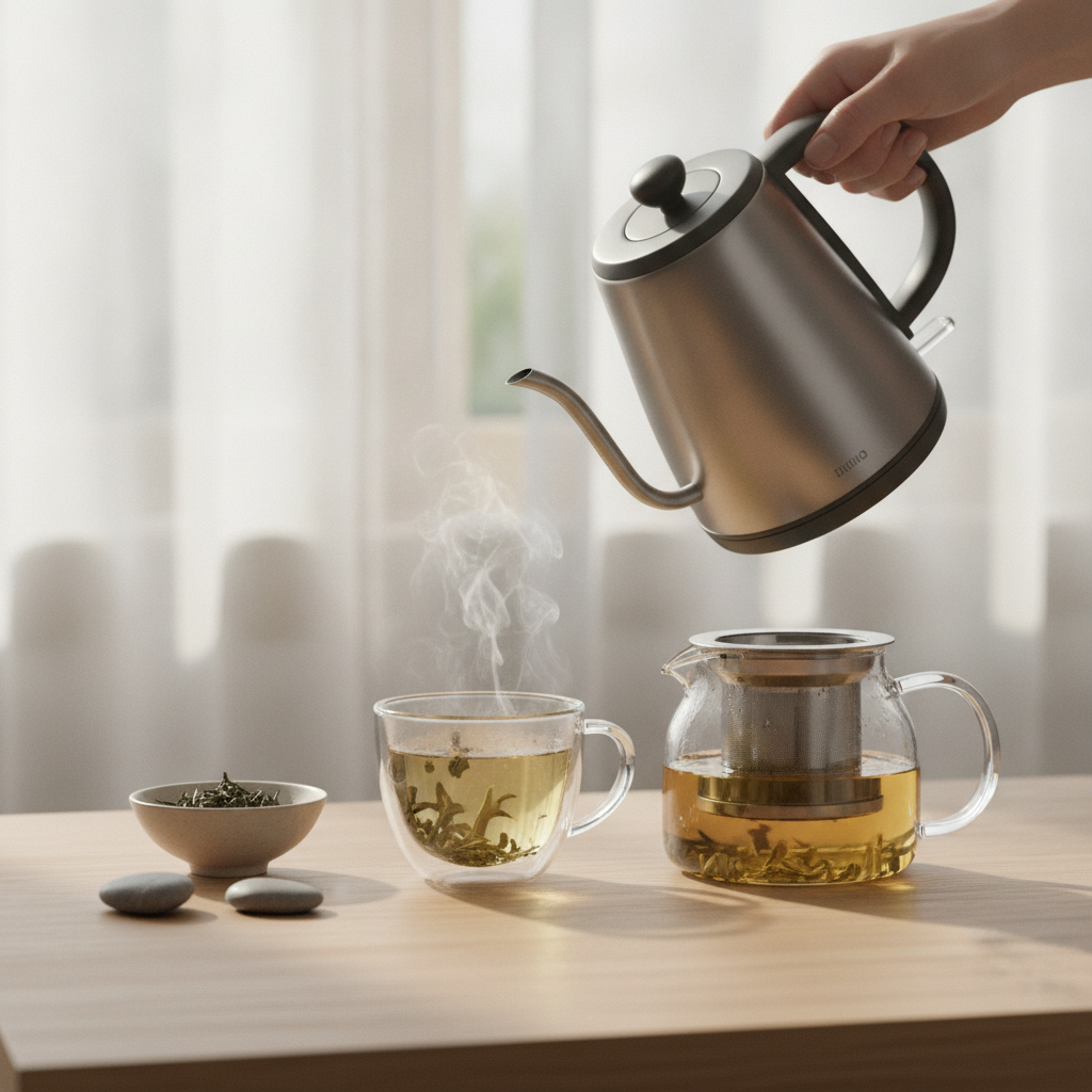 Eau chaude versee depuis une bouilloire dans une tasse de the en verre, theiere et feuilles de the qui infusent sur une table en bois