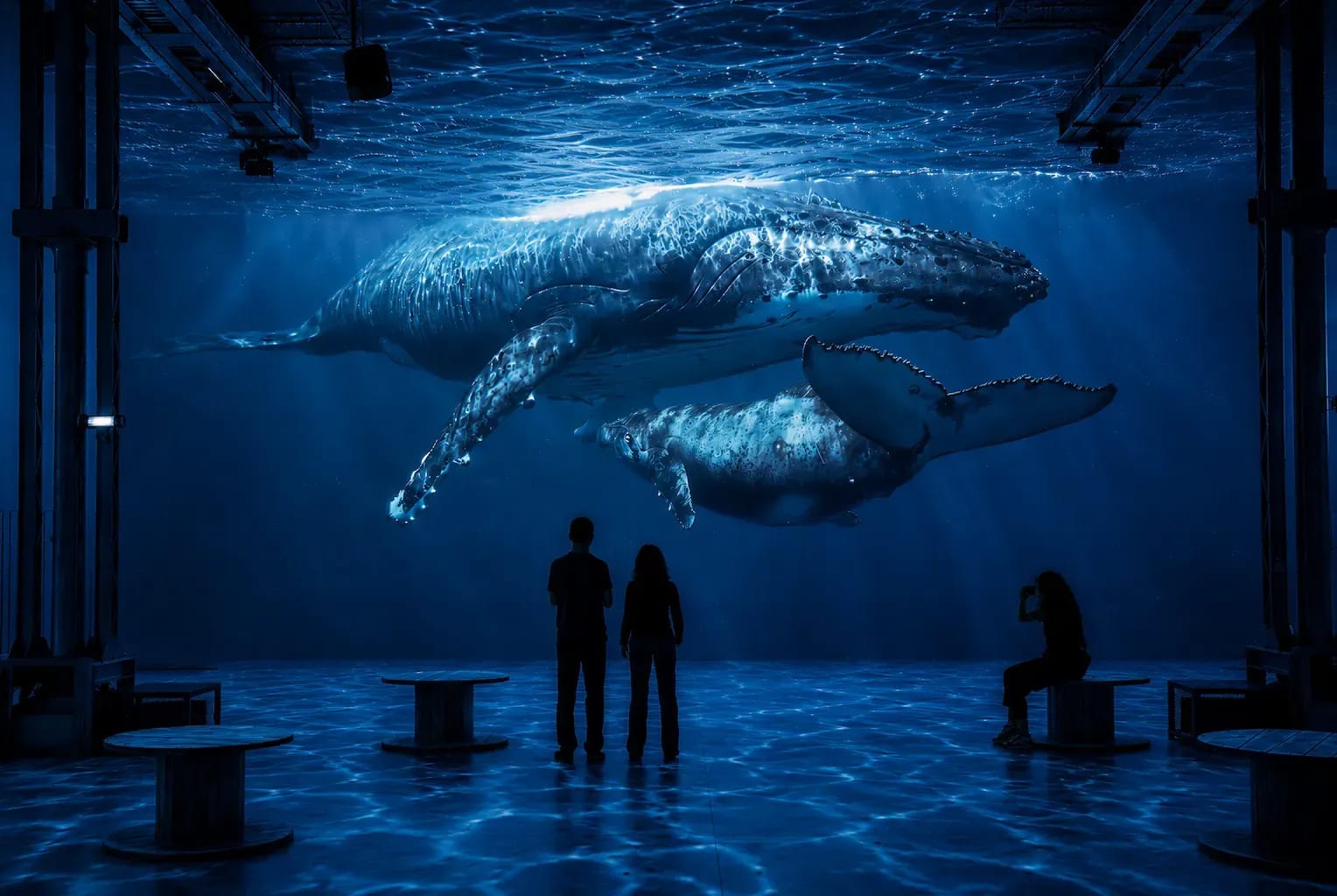 Deux baleines projetées en immersion au-dessus de visiteurs en silhouette à l'Atelier des Lumières
