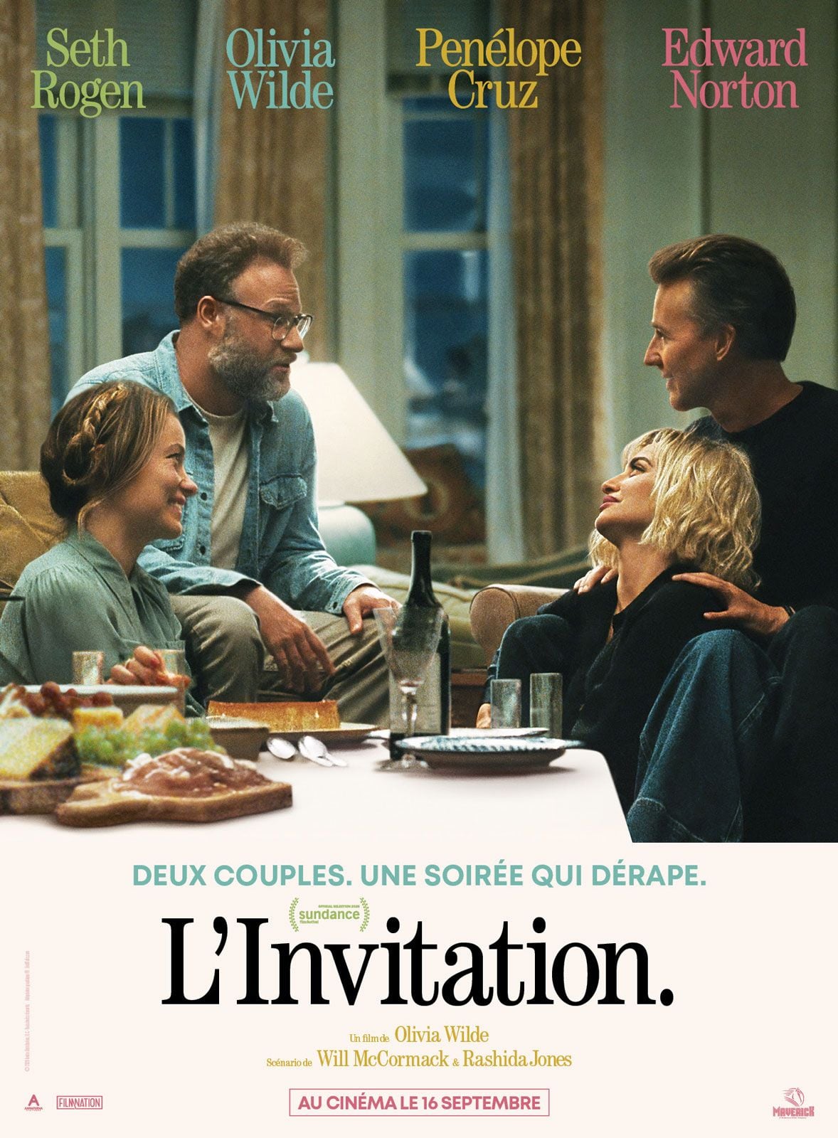 Affiche officielle du film L'Invitation d'Olivia Wilde, avec Seth Rogen, Olivia Wilde, Penelope Cruz et Edward Norton autour d'une table
