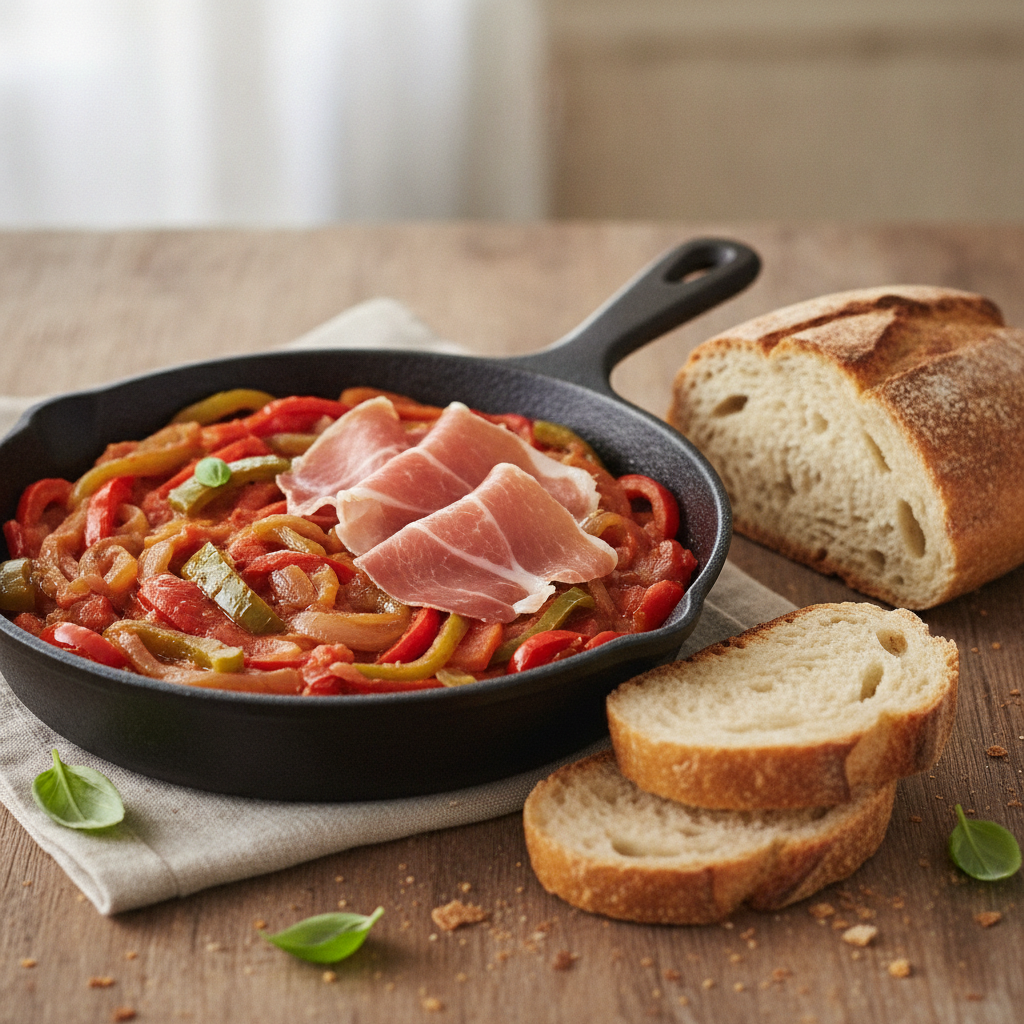 Une piperade basque dans une poêle en fonte avec du jambon de Bayonne et du pain rustique