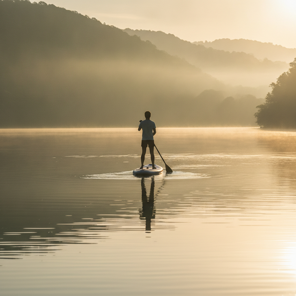 Une personne sur un stand-up paddle gonflable glissant sur un lac calme au lever du soleil