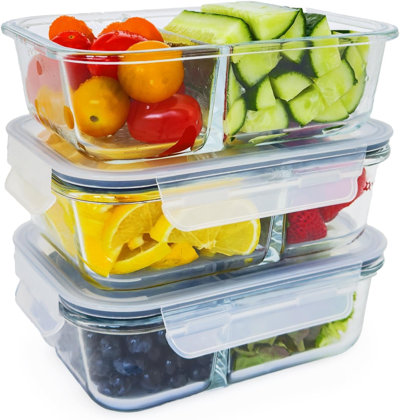 Meal Prep Box, lot de 3 boîtes en verre à compartiments