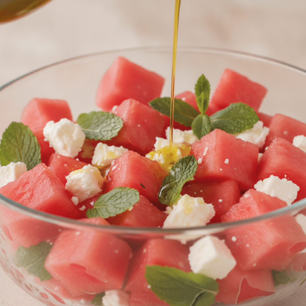 Salade estivale de cubes de pastèque, feta émiettée et menthe fraîche dans un saladier en verre