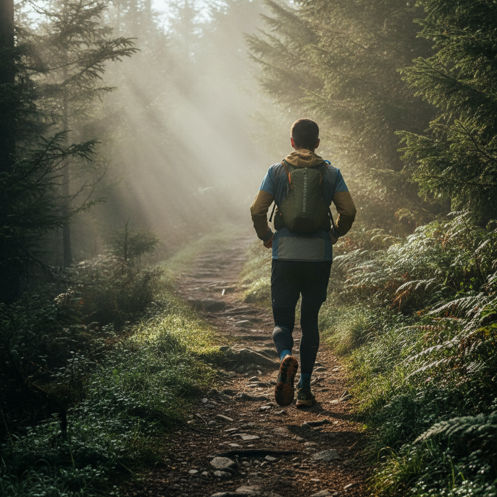 Un coureur de trail sur un sentier de forêt de montagne dans la brume du matin