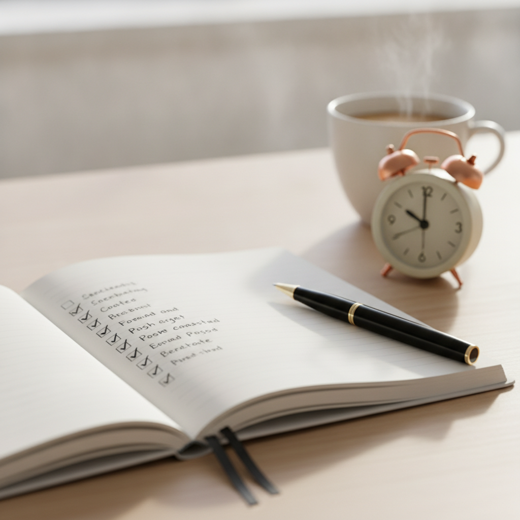 Carnet ouvert avec une liste de tâches cochées, un stylo et un petit réveil sur un bureau lumineux