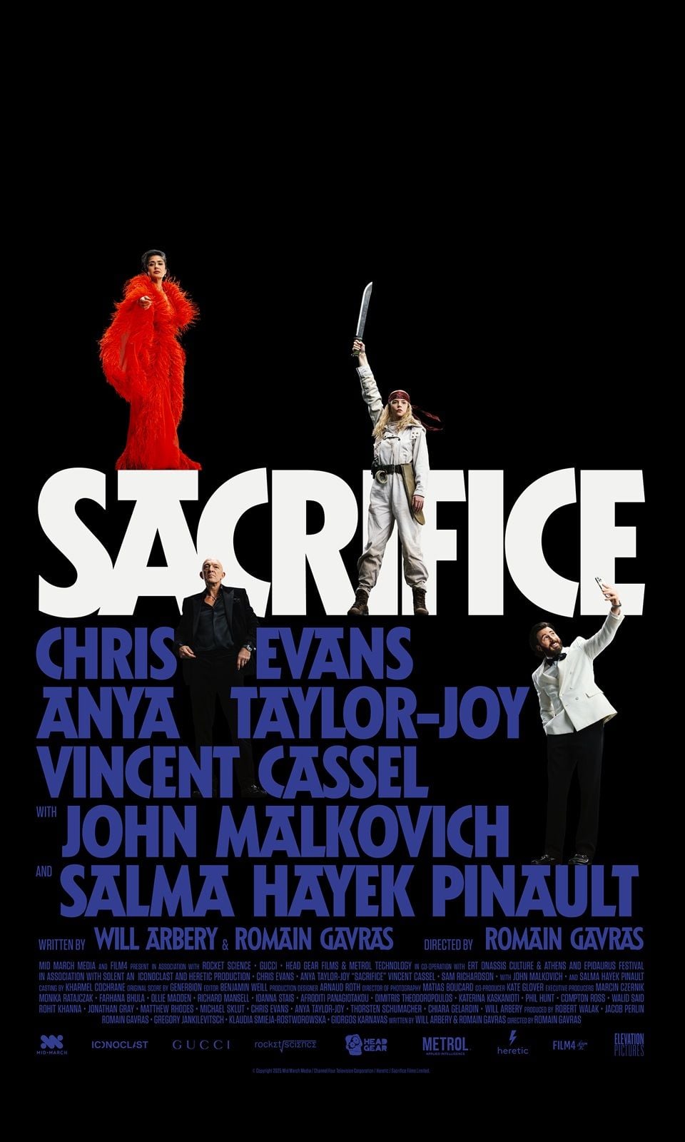 Affiche officielle du film Sacrifice de Romain Gavras avec Chris Evans, Anya Taylor-Joy, Vincent Cassel, John Malkovich et Salma Hayek