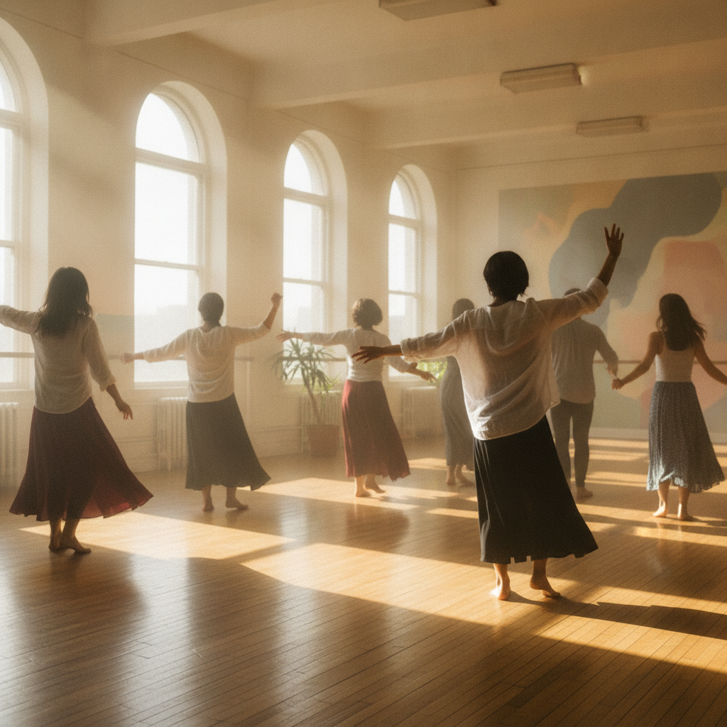 Plusieurs personnes dansent de dos dans un studio lumineux, bras ouverts, jupes en mouvement