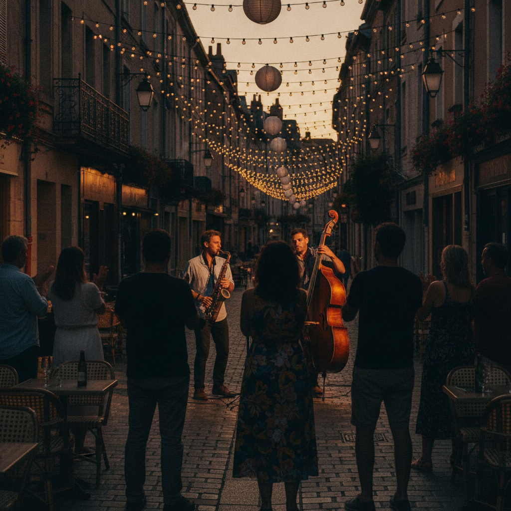 Musiciens de jazz jouant dans une rue décorée de guirlandes lumineuses un soir de fête de la musique