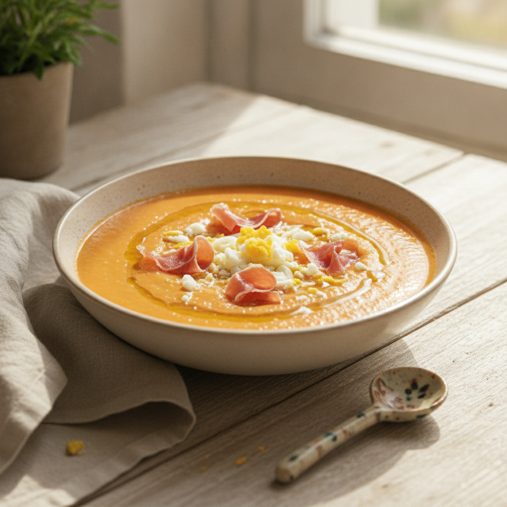 Bol de salmorejo cordouan, crème froide de tomate garnie d'œuf dur émietté et de jambon serrano