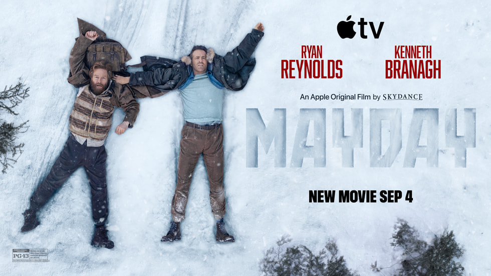 Affiche officielle du film Mayday: Ryan Reynolds et Kenneth Branagh allongés dans la neige, Apple TV, sortie le 4 septembre