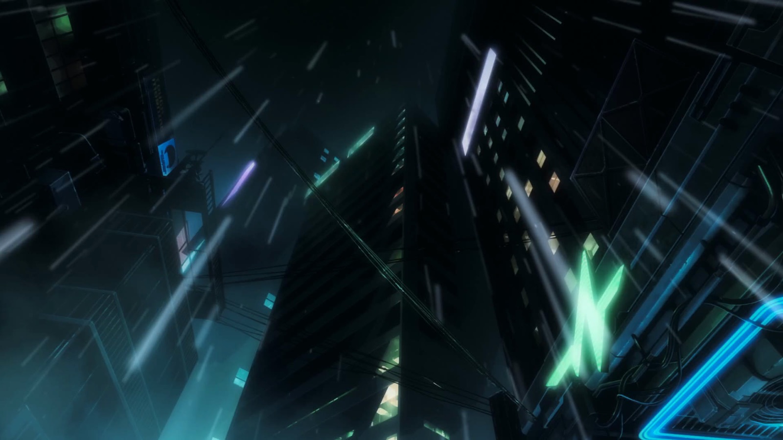 Vue en contre-plongée des gratte-ciel de Night City sous la pluie, néons bleus et verts, visuel officiel de Cyberpunk Edgerunners 2