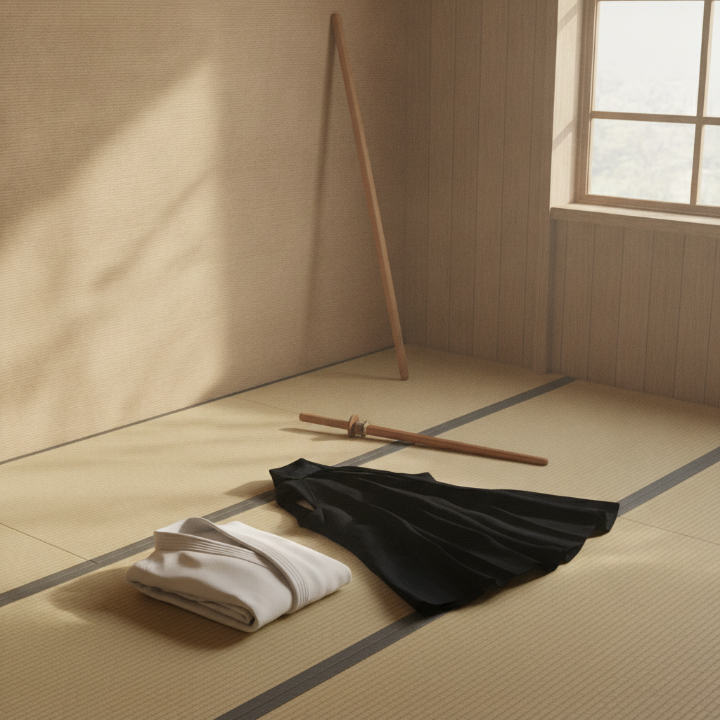 Dojo d'aïkido : tatami, kimono blanc et hakama noir pliés, bokken et jo en bois contre le mur