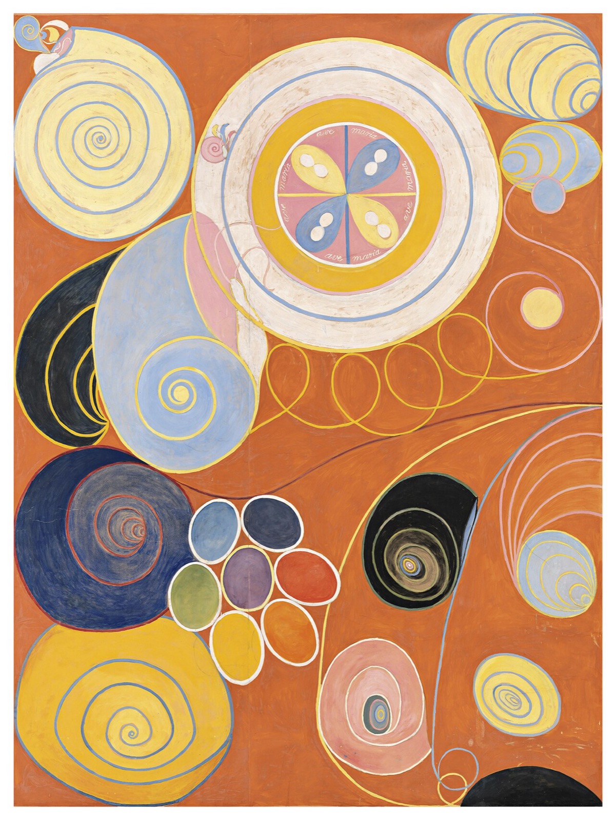 Les Dix Plus Grands, no 3, Jeunesse (1907) de Hilma af Klint : spirales et cercles colores sur fond orange