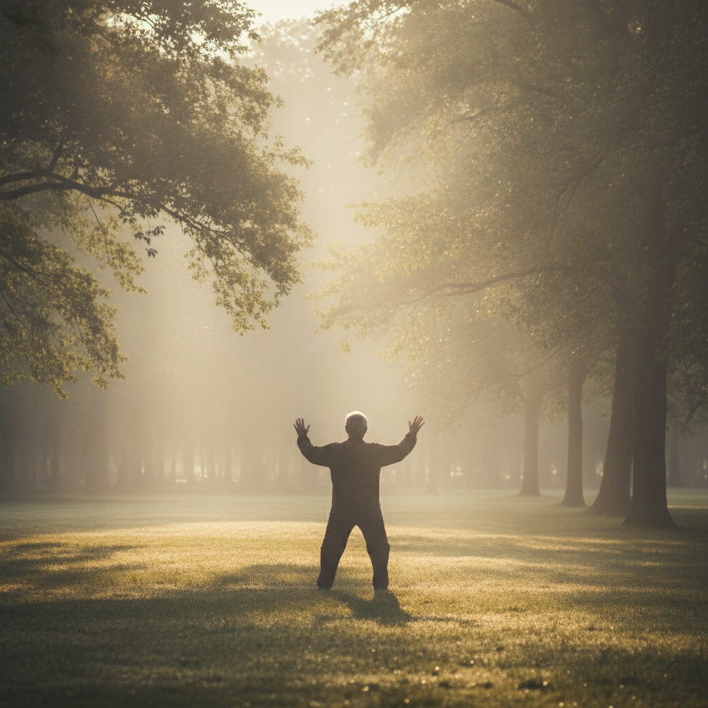 Une personne pratique le tai-chi de dos dans un parc brumeux au petit matin