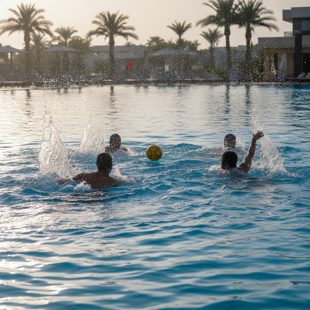 Match de water-polo dans une piscine bleue, joueurs luttant pour un ballon jaune à la surface