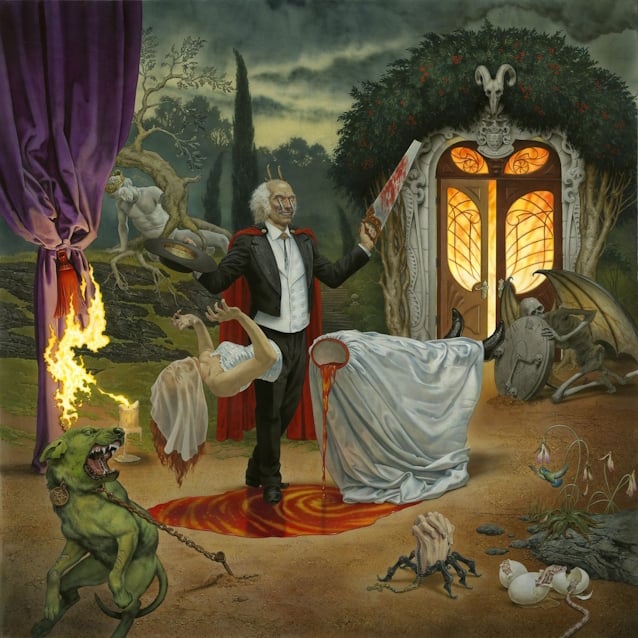 Pochette de l'album Cursum Perficio d'Anthrax : un magicien entoure de personnages fantastiques