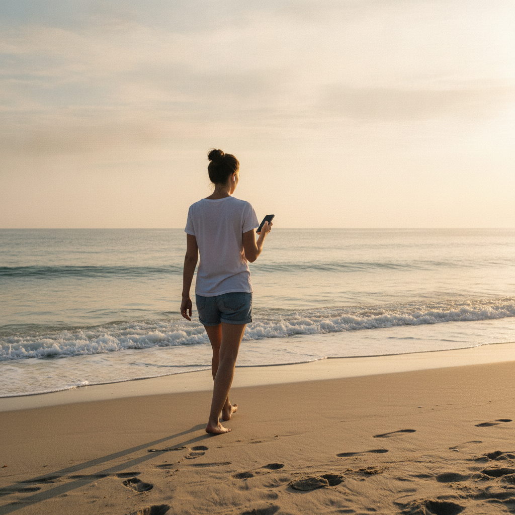 Une personne marche pieds nus au bord de la plage au petit matin en écoutant un podcast avec des écouteurs sans fil