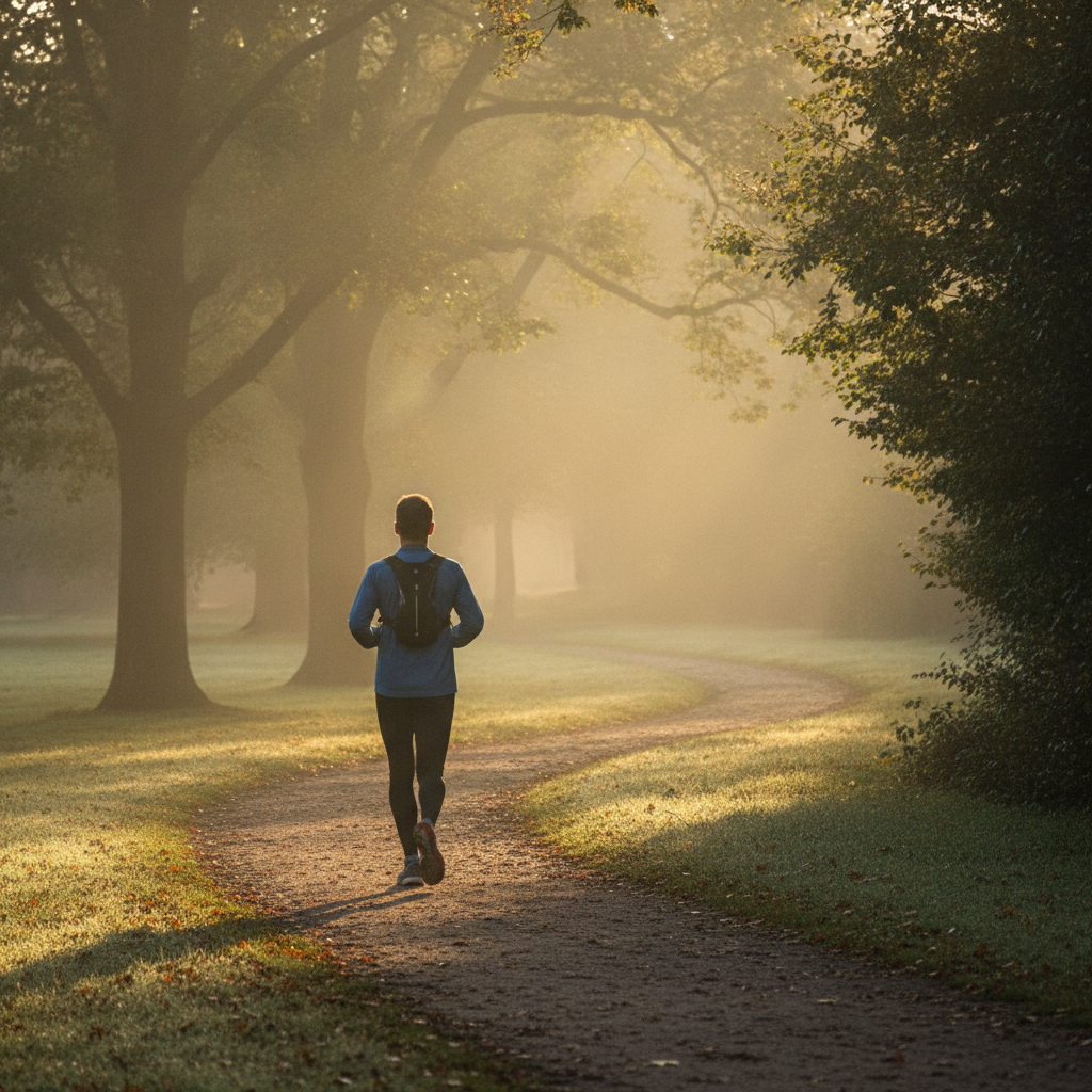 Coureur de dos courant à allure tranquille sur un sentier de parc au petit matin, dans une brume dorée