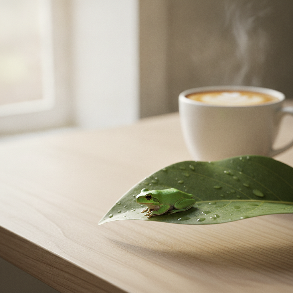 Une petite grenouille verte posee sur une feuille au bord d'un bureau, une tasse de cafe fumante en arriere-plan