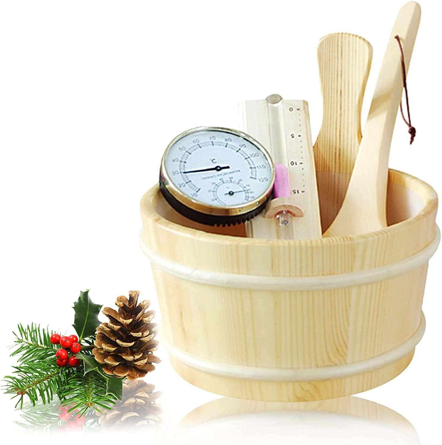 Set sauna 4L en pin finlandais (seau, louche, thermomètre, sablier)