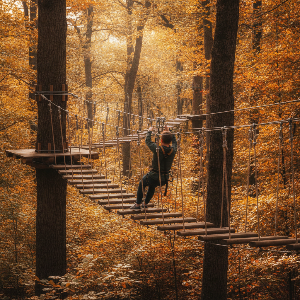 Parcours accrobranche dans une foret d'automne, pont de singe et cordes entre les arbres