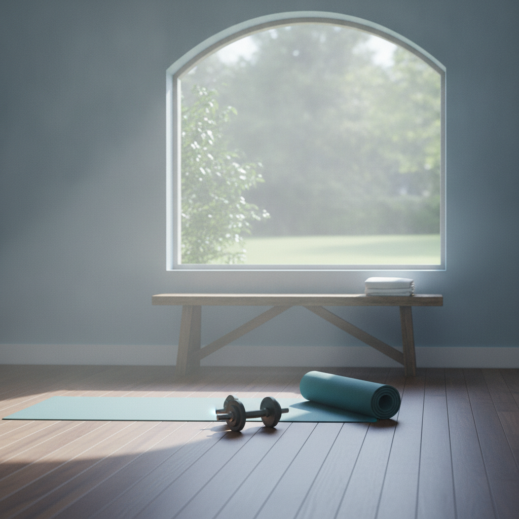 Salle de sport au repos : tapis de yoga roulé, haltère au sol et serviette pliée sur un banc, lumière douce du matin