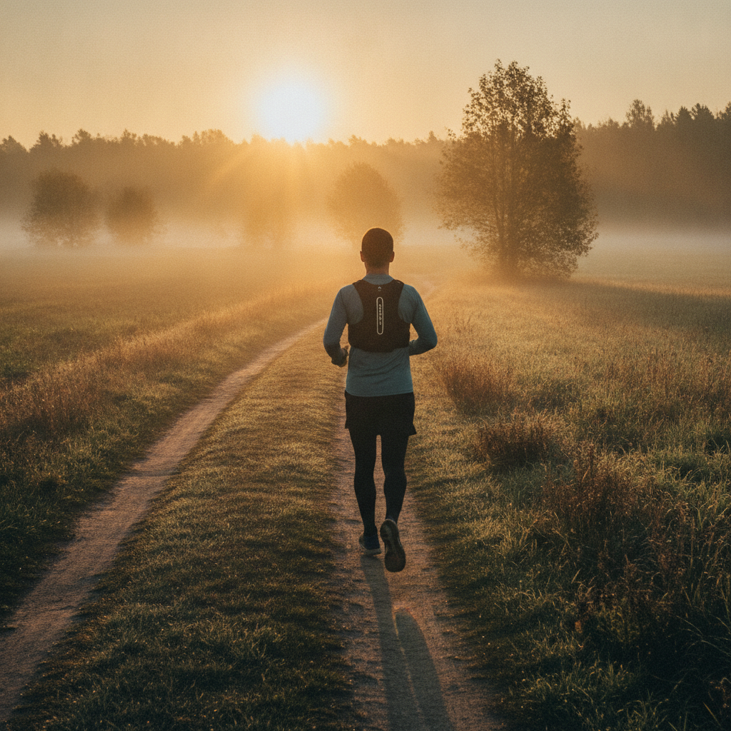 Un coureur de dos sur un chemin de campagne au lever du soleil, dans la brume matinale