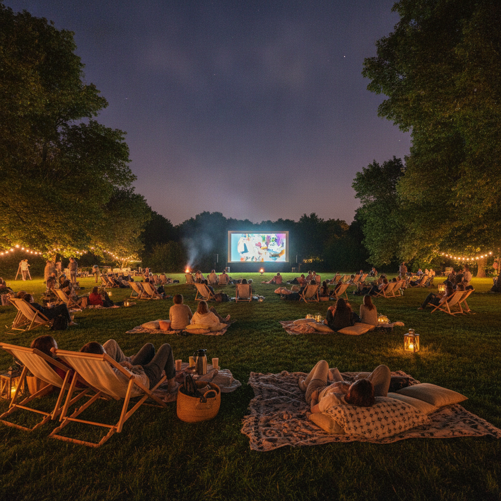 Séance de cinéma en plein air le soir dans un parc, écran géant illuminé et spectateurs installés sur la pelouse