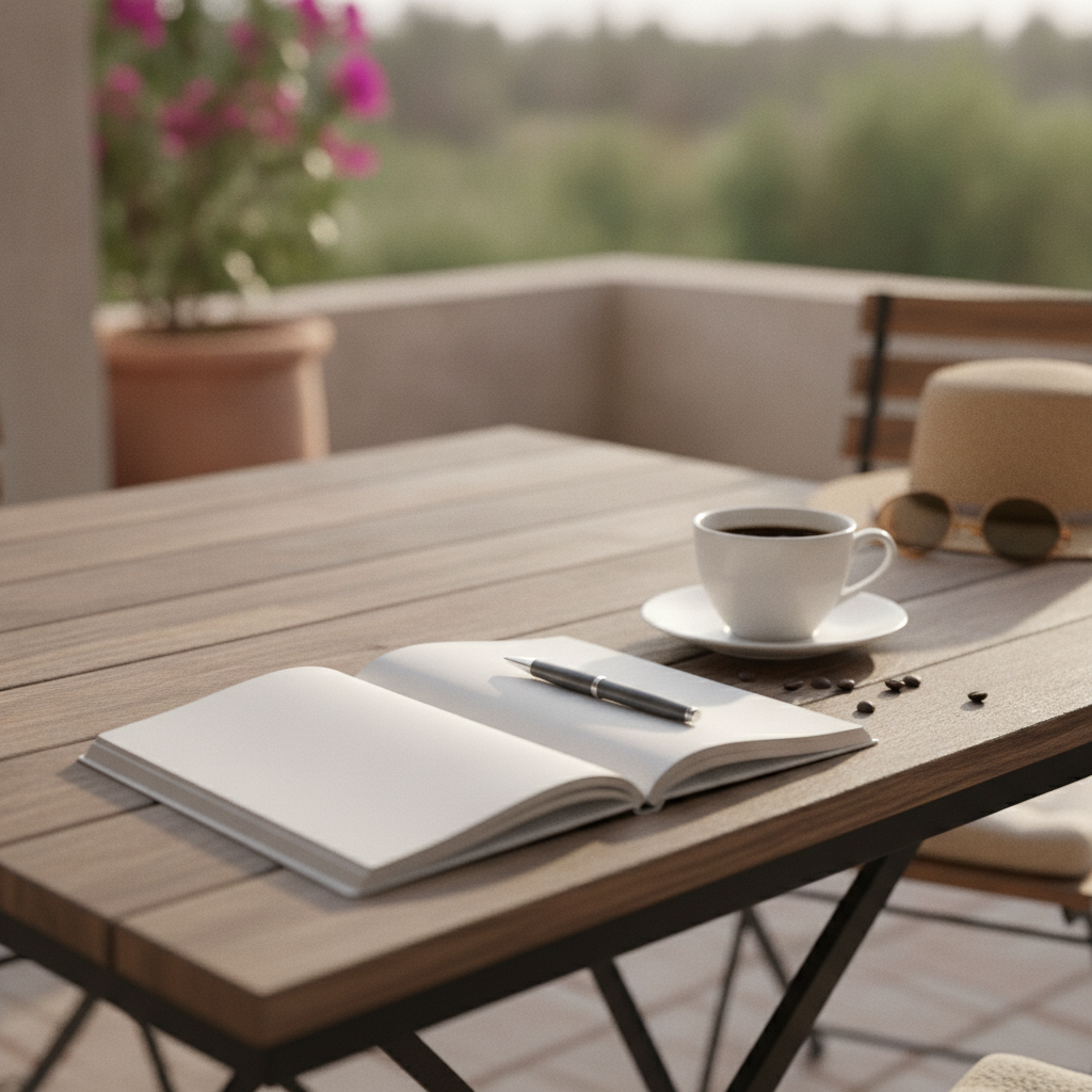 Carnet ouvert avec un stylo et une tasse de café sur une table en terrasse l'été