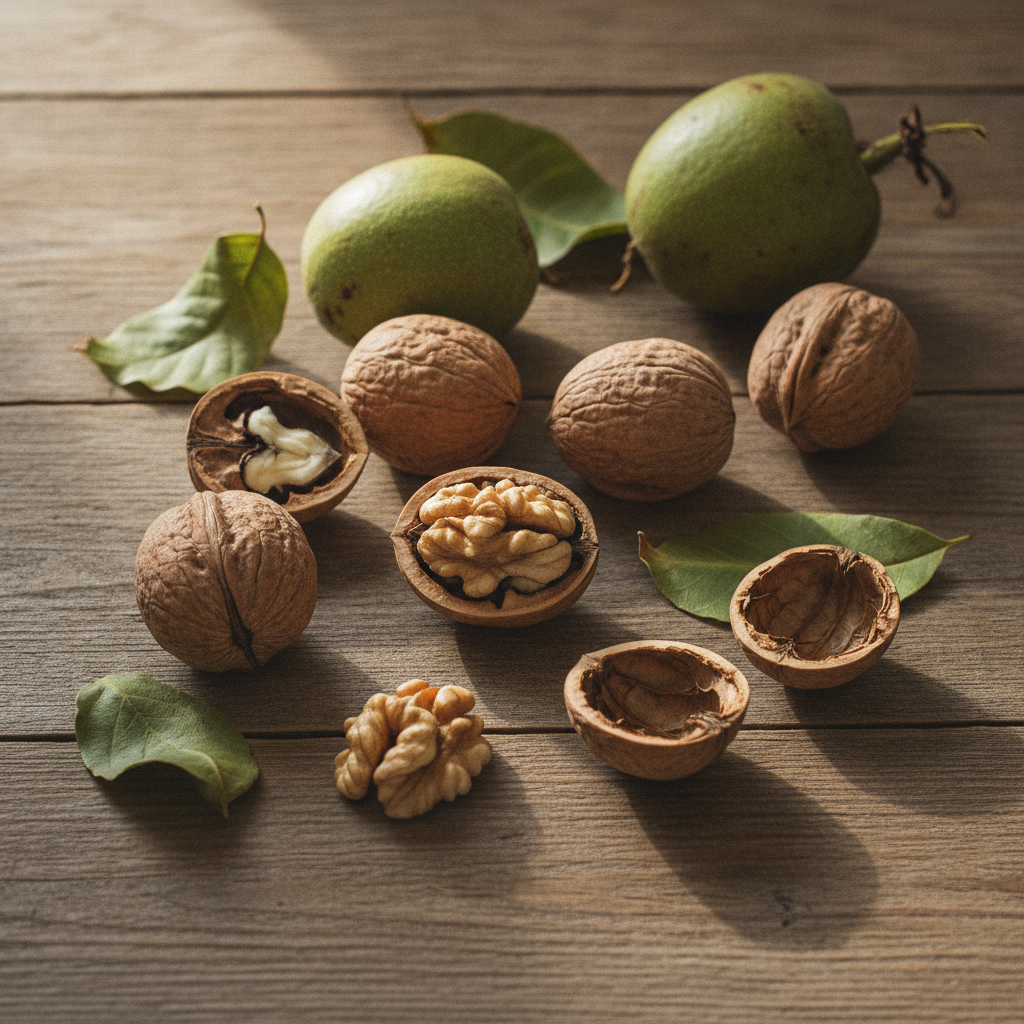 Noix fraiches d'automne, coques ouvertes sur une table en bois avec le brou vert et des feuilles
