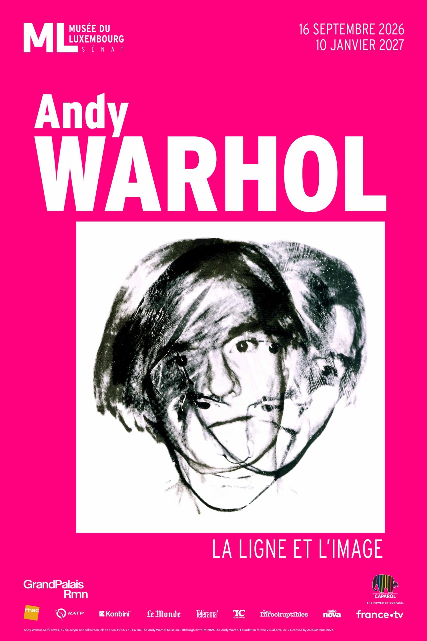 Affiche de l'exposition Andy Warhol, la ligne et l'image, au musée du Luxembourg : autoportrait de 1978 sur fond rose vif