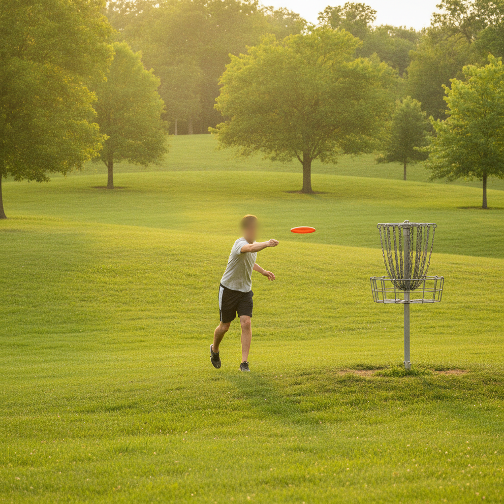 Un joueur de disc golf lance un disque orange vers un panier metallique a chaines dans un parc verdoyant