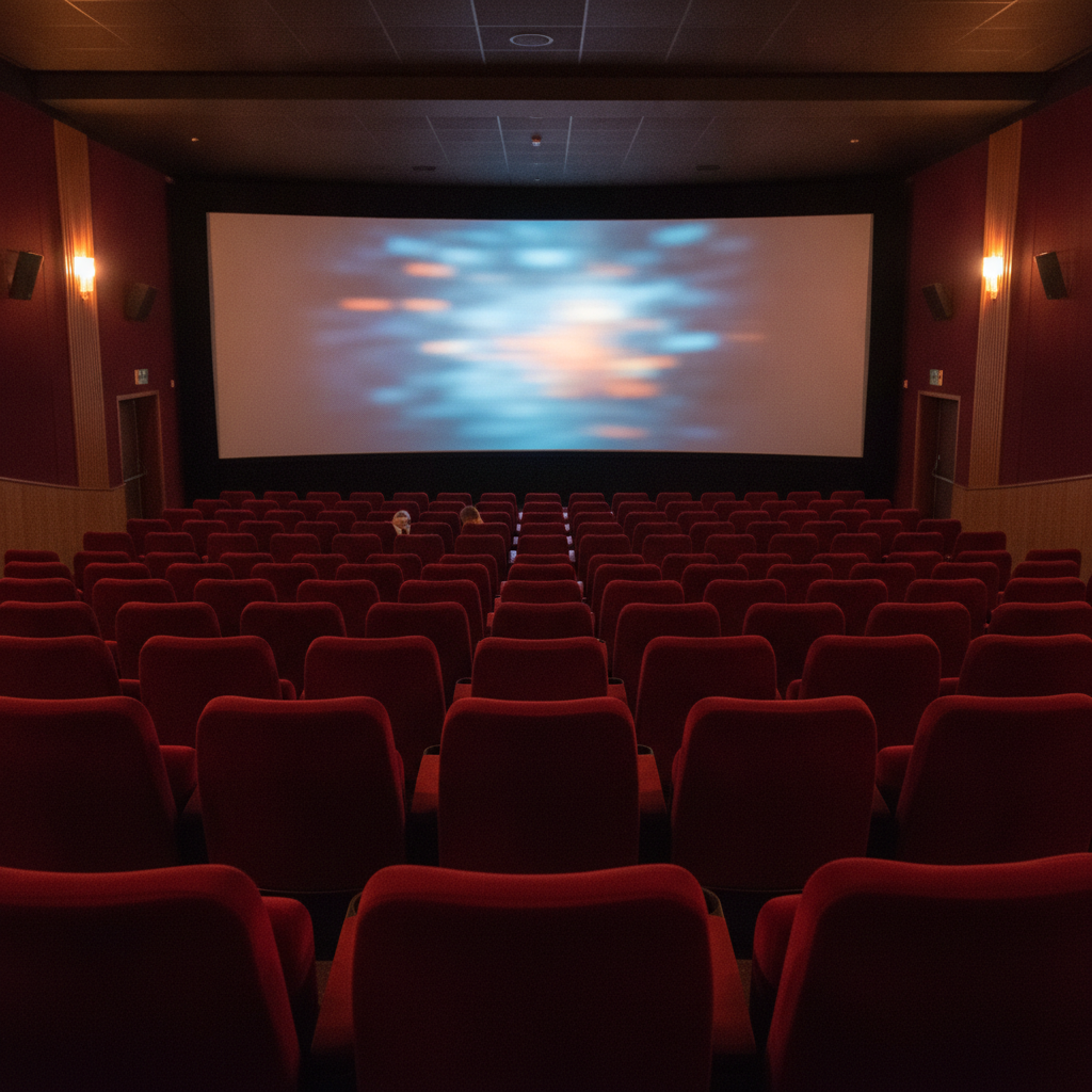 Salle de cinéma vue du fond, rangées de fauteuils rouges face au grand écran lumineux