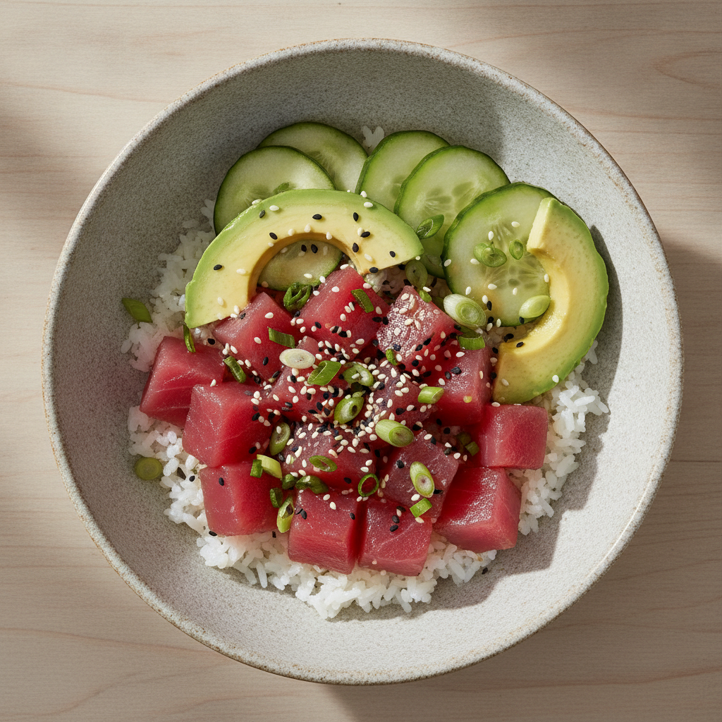 Poke bowl hawaïen : cubes de thon cru sur du riz, avocat, concombre, oignons nouveaux et graines de sésame