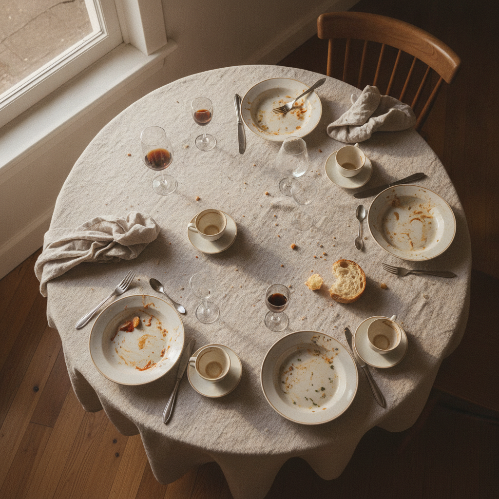 Table de repas conviviale après le repas : assiettes vides, tasses de café, verres de liqueur et de vin, pain, lumière douce