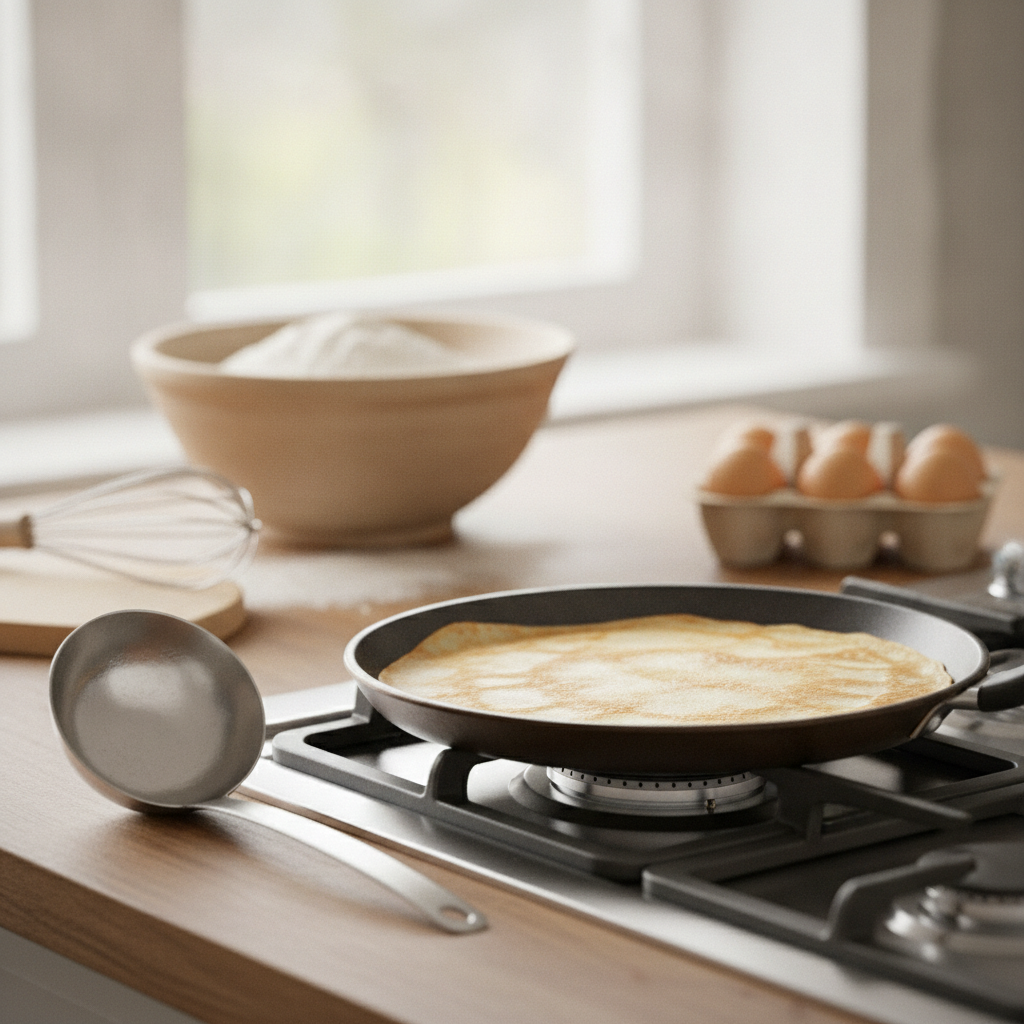 Une crêpe fine dorée en train de cuire dans une poêle plate sur une cuisinière, avec une louche, un bol de farine et des œufs
