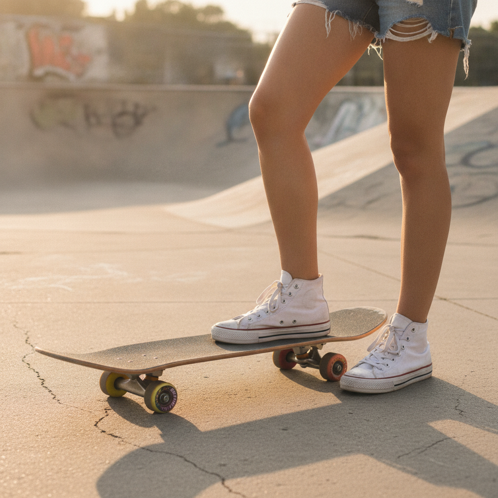 Jambes d'une personne posée sur un skateboard dans un skatepark ensoleillé