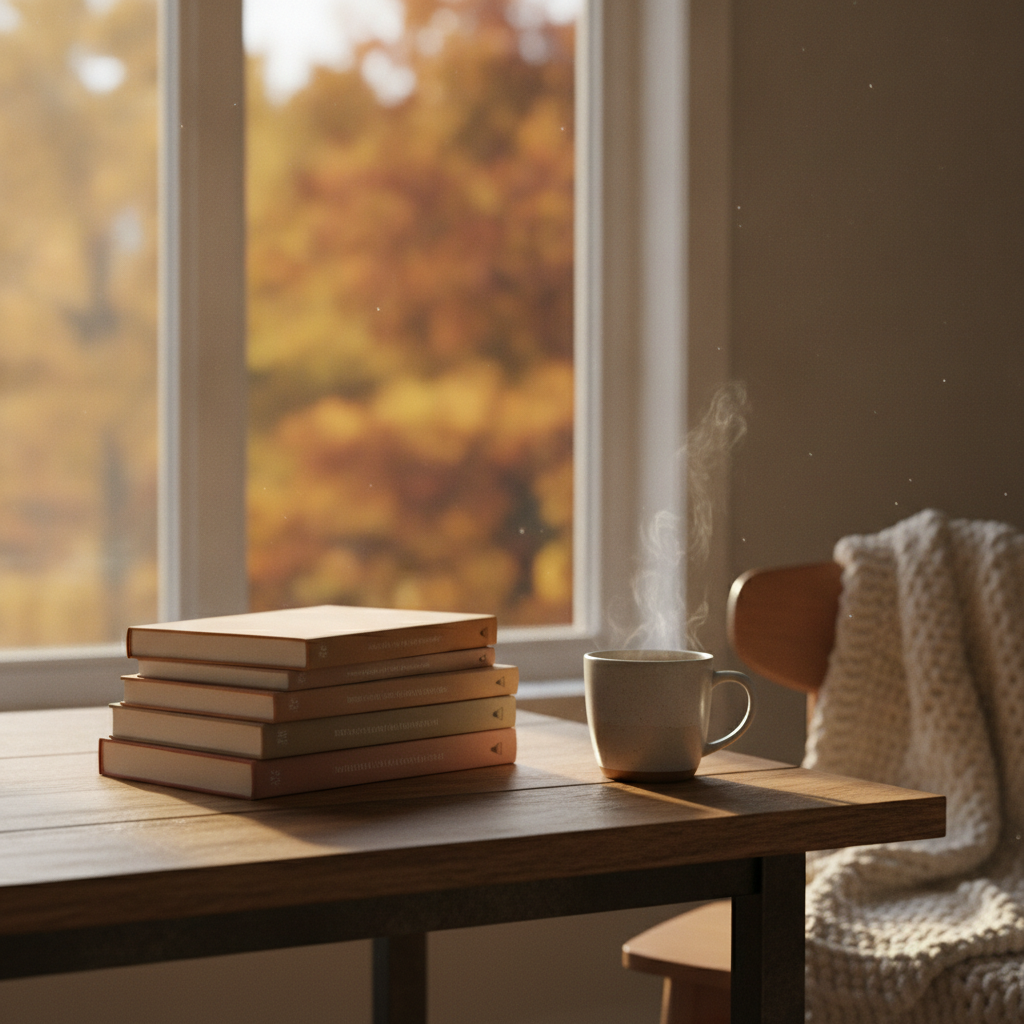 Pile de romans posée sur une table en bois près d'une fenêtre d'automne, avec une tasse de thé